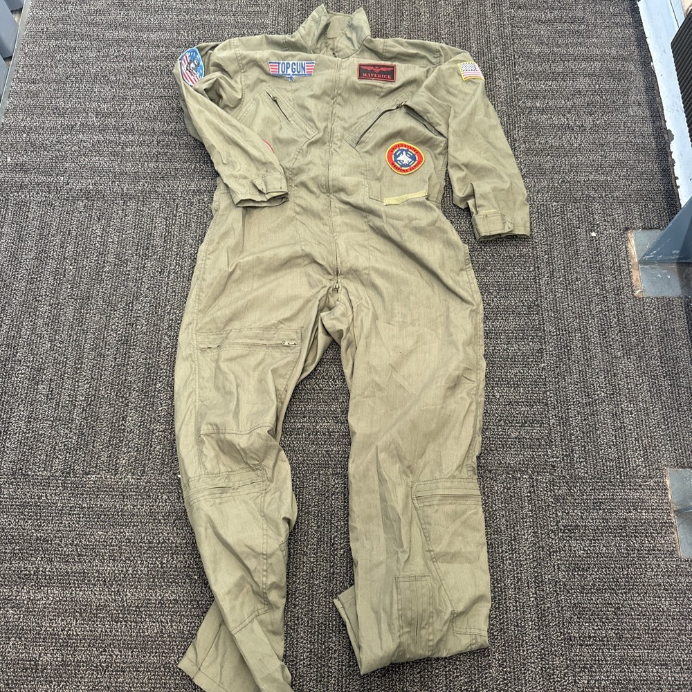 Top Gun Flight Suit Jumpsuit Olive Green Maverick Costume Patches S/M